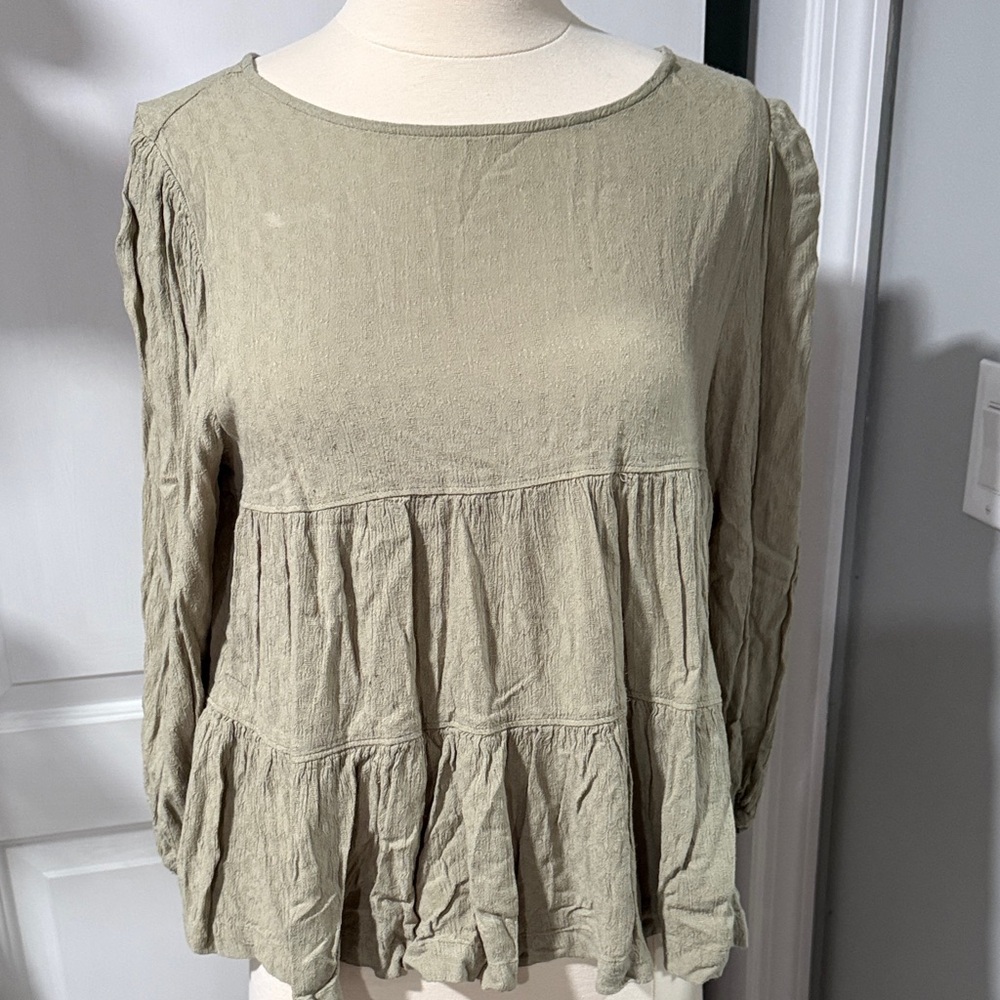 American Eagle Outfitters Olive-Tan Tiered Ruffle Tunic Top